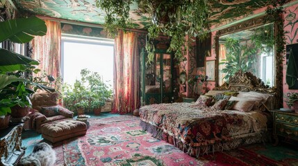 Maximalist Bedroom Design with Bold Colors and Lush Greenery