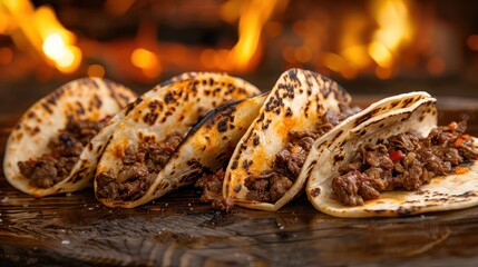 Grilled beef tacos served on toasted tortillas with a warm, rustic background.