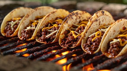 Grilled tacos filled with seasoned meat and cheese, showcasing a delicious outdoor meal.
