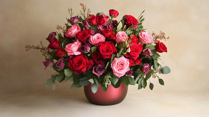 Obraz premium Elegant floral arrangement of red and pink roses studio setting photography soft background close-up beauty in nature