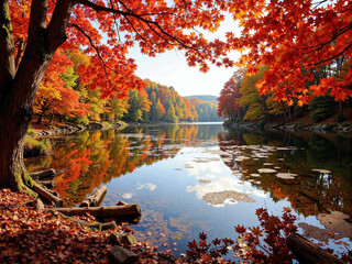 Obraz premium Autumn Reflections: A Picturesque Lake with Vibrant Fall Foliage