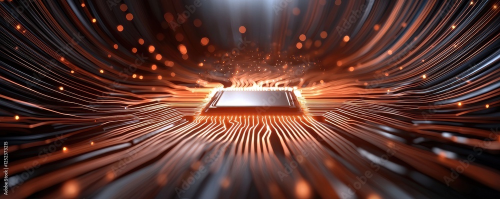 Poster a vibrant, abstract representation of a microchip surrounded by flowing circuits and glowing particl