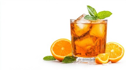 Fototapeta premium Refreshing Iced Tea with Orange and Mint on White Background. Generative AI