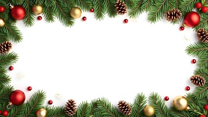 Elegant Christmas Border with Red and Gold Ornaments and Pine Garland