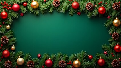 Elegant Christmas Border with Black Branches, Red and Gold Ornaments on a Green Background