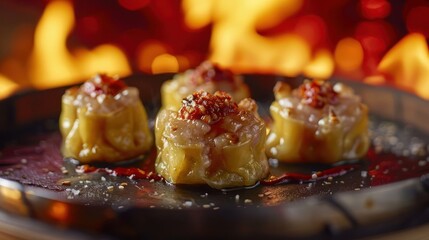 A close-up of delicious dumplings garnished with spices, served on a plate.