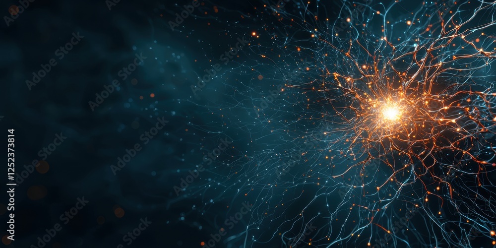 Poster a vibrant, abstract depiction of glowing neural connections radiating from a central point, evoking 
