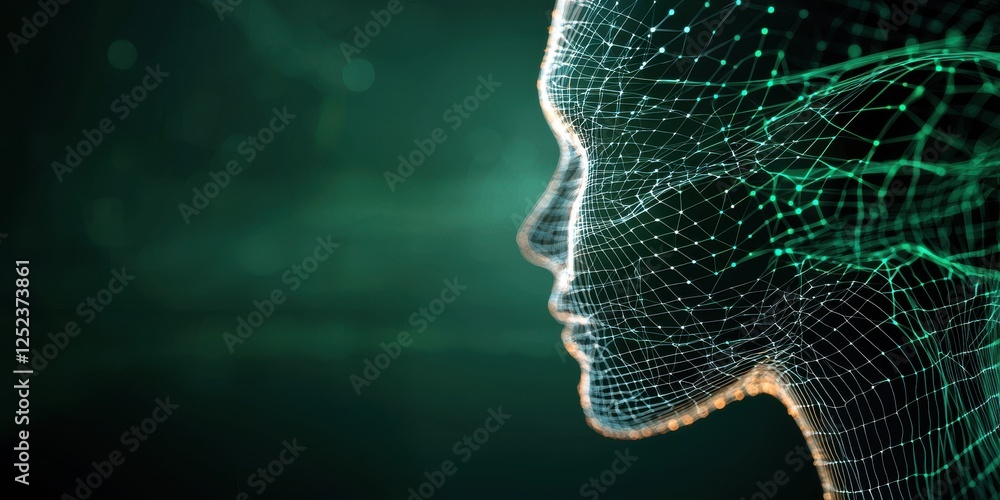 Poster a digital representation of a human face crafted from interconnected lines and nodes, showcasing a f