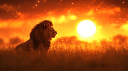 Naklejka premium Lion Sitting in Golden Grassland at Sunset. Generative AI