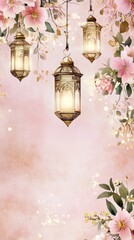 Pink floral Ramadan lanterns hanging, bokeh background, greeting card