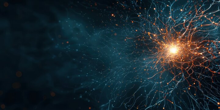 A vibrant, abstract depiction of glowing neural connections radiating from a central point, evoking themes of energy and complexity in a cosmic setting.