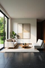 Fototapeta premium Serene Minimalist Living Room Design with Modern Furniture and Abstract Artwork