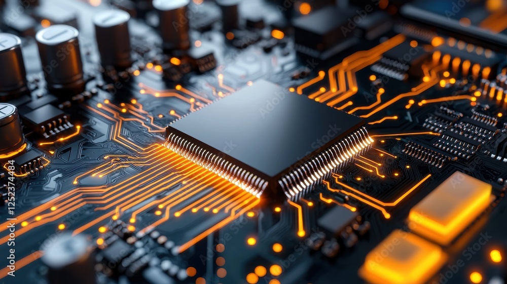 Poster a close-up view of a circuit board featuring intricate pathways, a microchip, and glowing connection