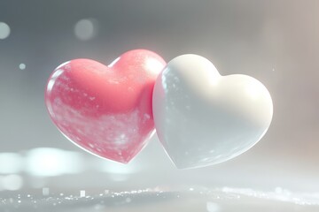 Obraz premium A high-quality render of two colorful hearts in brushed pink and white, glowing softly and floating mid-air on a clean transparent backdrop