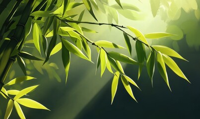 Obraz premium Sunlit bamboo leaves, forest background, nature serenity, peaceful scene, ideal for wellness content