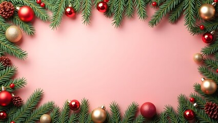 Bright and Festive Christmas Border with Pine, Red and Gold Ornaments, and Pink Glow