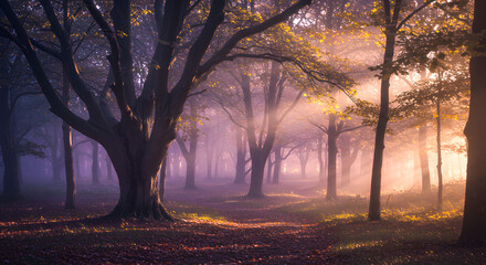 Misty Forest Path with Sunlight Filtering Through Trees in Autumn