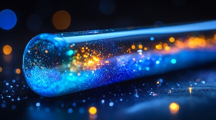 Obraz premium Artistic macro shot of a test tube glowing with rich blue and green glitter against a black background