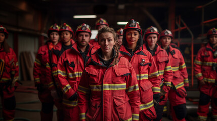 Female firefighter standing in front with team in the background at a fire station.