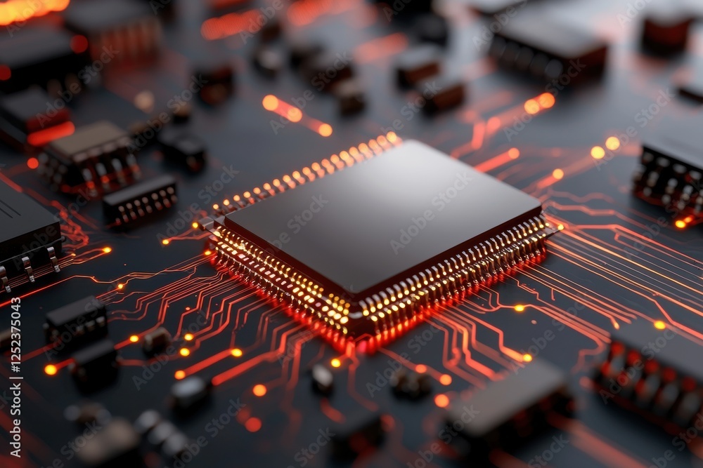 Poster a close-up image of a microchip on a circuit board, illuminated by glowing lines, showcasing intrica