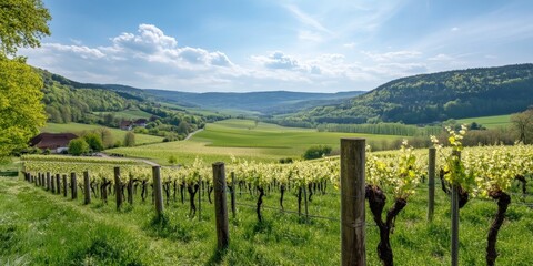 Fototapeta premium A picturesque spring vineyard with rows of budding grapevines and rolling green hills in the distance,