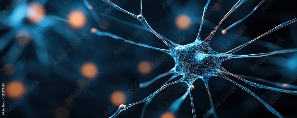 Poster a close-up view of interconnected neurons glowing in blue and orange, illustrating the complexity of