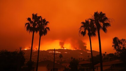 Obraz premium Wildfire Inferno: Orange Sky, Burning Hills, Palm Trees Silhouetted Against Smoke, Destructive Blaze, Environmental Disaster, Nighttime Fire