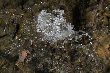 Water textures flow over ancient rocks in the forest