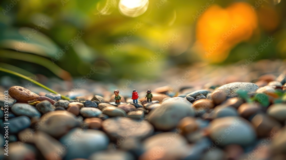 Poster miniature figures standing on a pebble path surrounded by greenery.