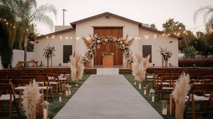 Fototapeta premium Bohemian-Inspired Garden Reception with Neutral Tones and Elegant Floral Arrangements