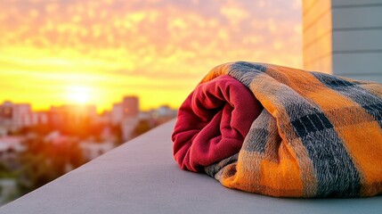 Multicolored Blanket Rolled on Rooftop at Sunset Over City