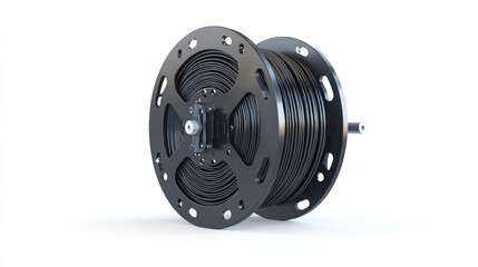 Black cable reel on white background, industrial use