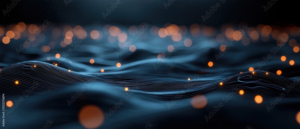 Aufkleber a mesmerizing digital landscape of flowing waves adorned with glowing orbs, creating a serene and fu