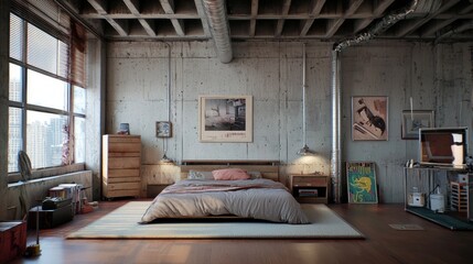 Chic Urban Bedroom with Polished Concrete and Stylish Decor