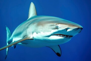 Shark swimming in blue ocean looking straight, marine wildlife conservation use