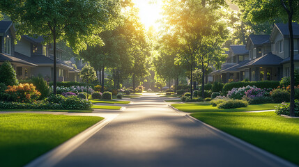 Sunlit Suburban Street with Lush Greenery