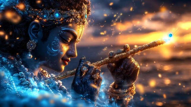 Stunning Artistic Representation of Lord Krishna in Cosmic Setting. Generative AI