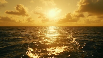 Obraz premium Golden sunset over ocean waves, calm sea, cloudscape