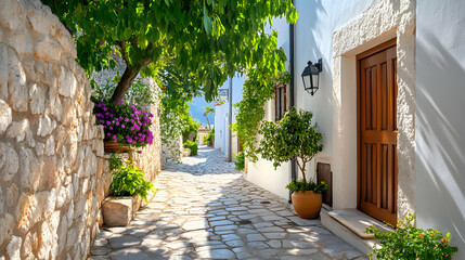 Naklejka premium Sunny Mediterranean alleyway with whitewashed buildings and lush greenery. Perfect for travel or tourism material