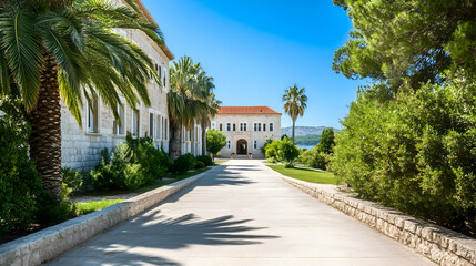 Fototapeta premium Sunny stone path leading to a Mediterranean monastery. Possible stock photo use Travel brochure