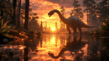 Sunset Reflections with Brachiosaurus in a Serene Lake. Generative AI