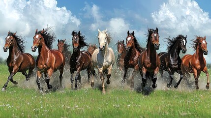 Herd of horses galloping through a grassy field under a bright sky.