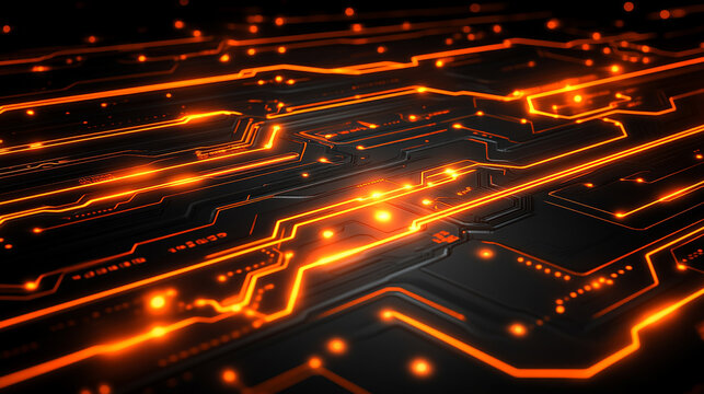 An abstract orange circuit board pattern with glowing lines symbolizes innovation, digital advancement, and the intersection of technology and design. The blurred background conveys a modern, high-tec