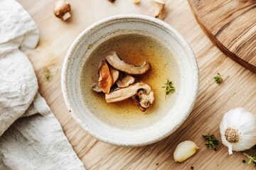 Hearty mushroom broth with porcini and garlic in rustic ceramic bowl