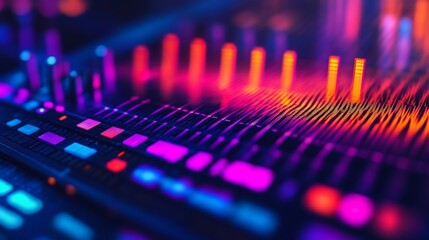 Vibrant Neon Lights Illuminating a Music Mixer Console: A Close-Up of Colorful Audio Mixing Equipment