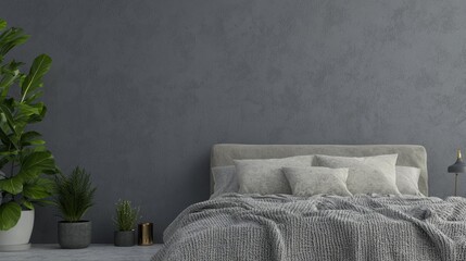 Monochromatic Gray Bedroom with Cozy Textiles and Indoor Plants