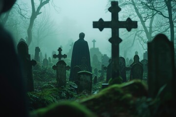 Figure walks cemetery in fog; use for Halloween, gothic horror, or mystery theme