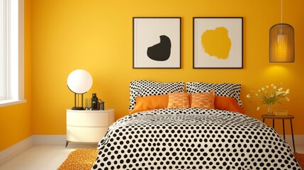 Stylish Retro Chic Bedroom with Polka Dot Bedding and Yellow Walls