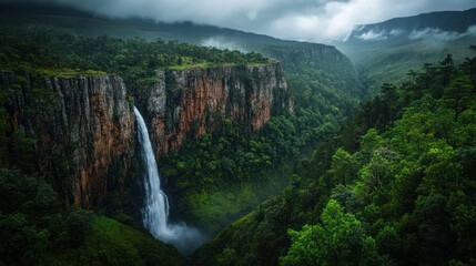 Majestic waterfall plunges into lush valley, dramatic clouds