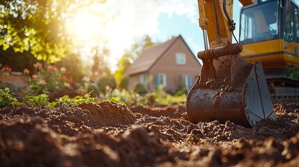 Obraz premium Excavator Digger on a Construction Site at Sunset